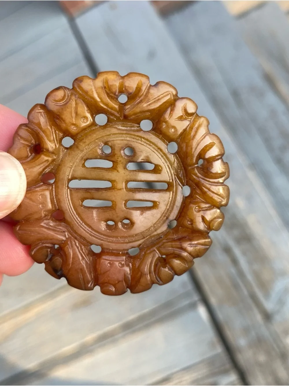 Vintage Carved Brown Jade-Look Decorative Medallion Pendant